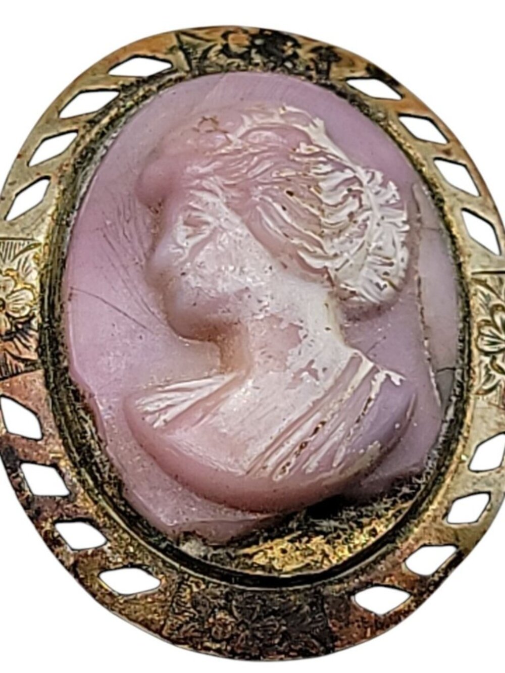 Antique Pink Molded Glass Cameo Brooch Lady Flowers Gold Tone Frame Needs TLC - Picture 4 of 7